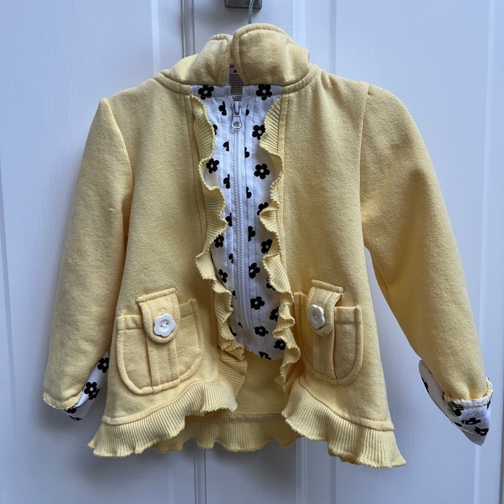 Young Hearts 24M Yellow Black and White Floral Hooded Girls Zip Up Jacket
